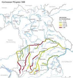 Schematische Darstellung der Jährlichkeiten der Scheitelabflüsse beim Hochwasser an Pfingsten an den Flüssen 1. und 2. Ordnung